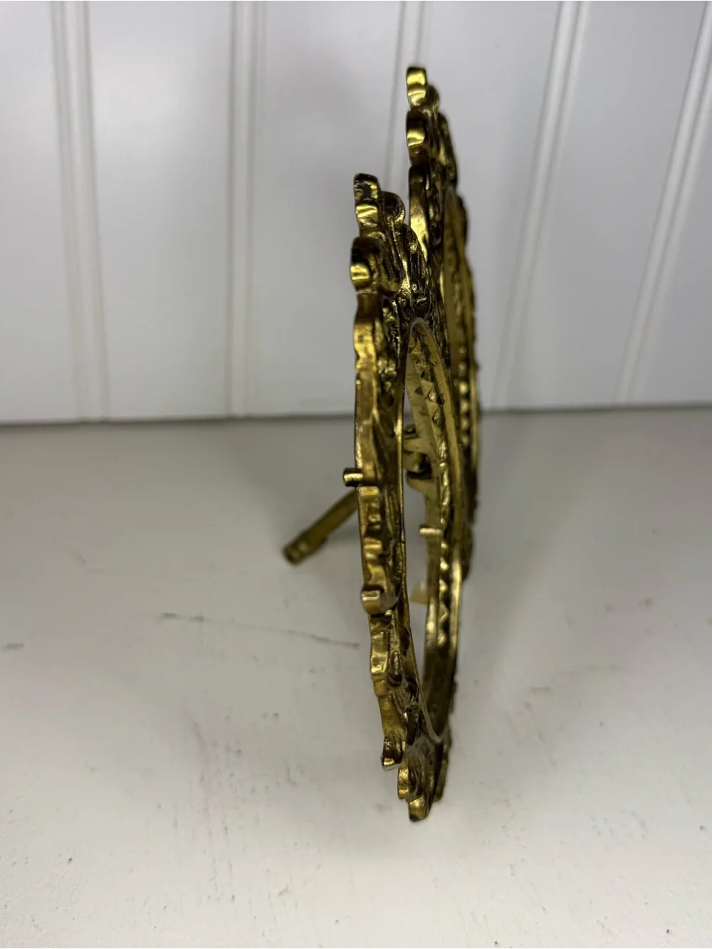 Antique Brass Tone Double Oval Frame with Stand, Vintage Art Nouveau Ornate Fram